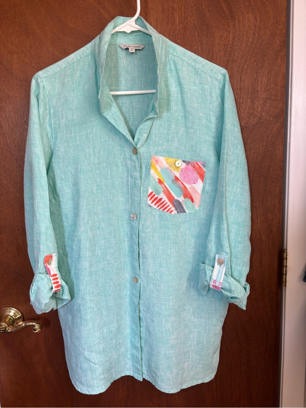 John Mark Light Teal Button-Front Shirt with Colorful Accent Pocket